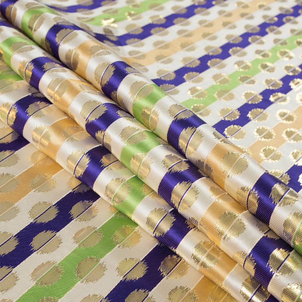 Deep Blue, Jasmine Green and Metallic Gold Polka Dotted and Striped Brocade Folded Deep Blue, Jasmine Green and Metallic Gold Polka Dotted and Striped Brocade Folded