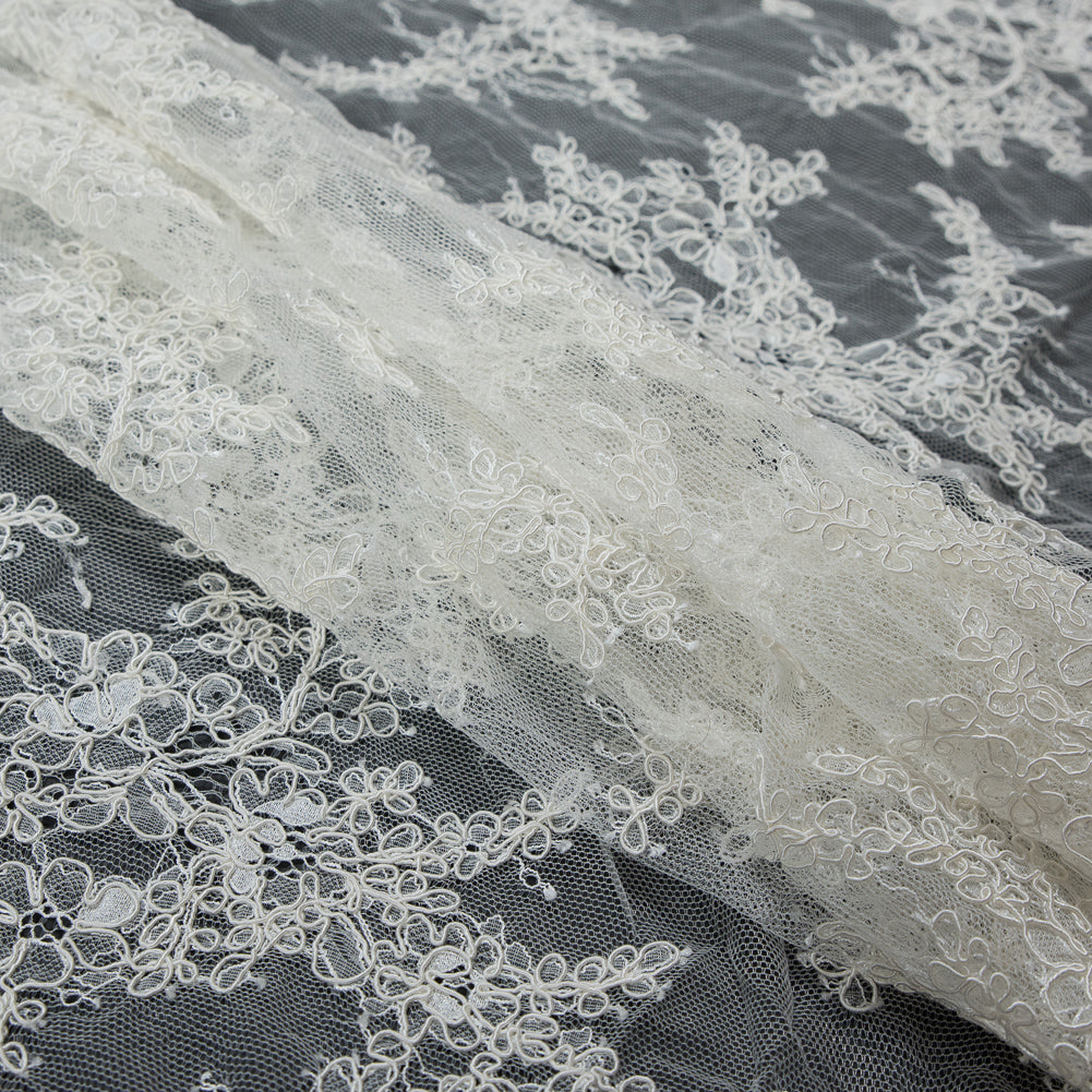 Corded Lace Panel With Finished Edges - Ivory Floral Fancy Border - 3 yards Folded Corded Lace Panel With Finished Edges - Ivory Floral Fancy Border - 3 yards Folded