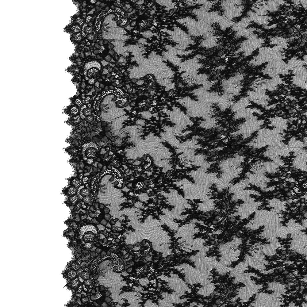 Corded Lace Panel With Finished Edges - Black Floral Fancy Border - 3 yards Corded Lace Panel With Finished Edges - Black Floral Fancy Border - 3 yards