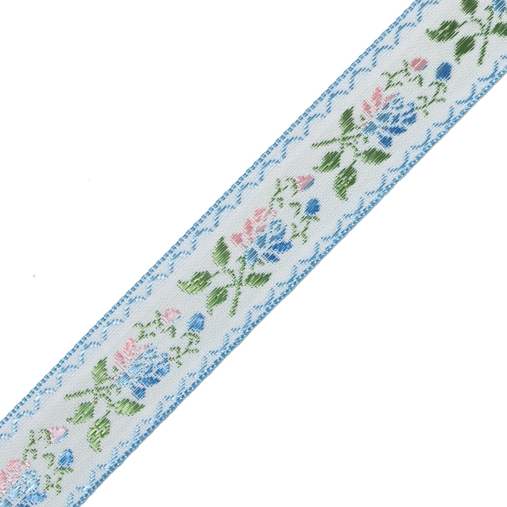 Blue, Green and Pink Floral German Jacquard Ribbon - 0.875" Detail Blue, Green and Pink Floral German Jacquard Ribbon - 0.875" Detail
