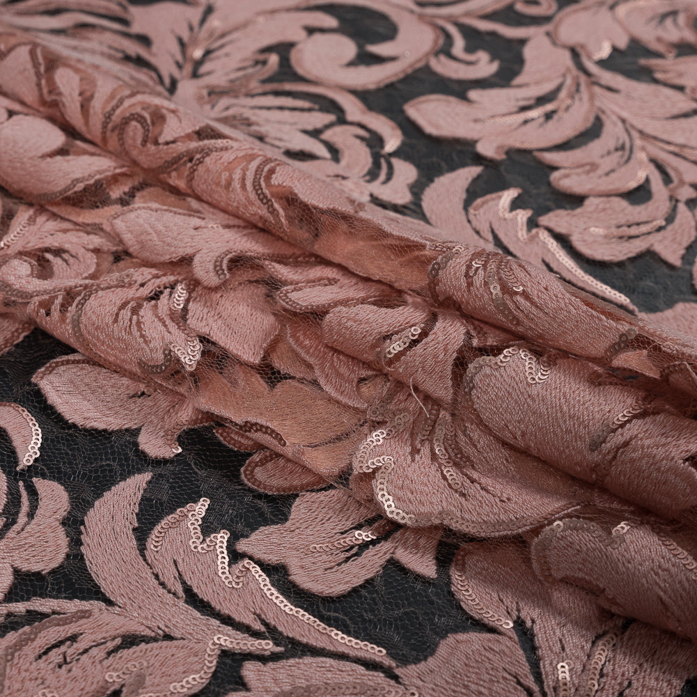 Embroidered Netting with Sequins - Coral Pink Floral Detail Embroidered Netting with Sequins - Coral Pink Floral Detail