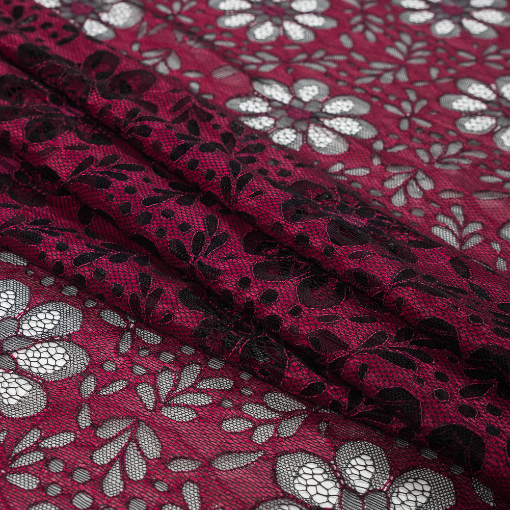 Lace with Scalloped Eyelash Edges - Black and Fuchsia Two-Tone Sunflowers Folded Lace with Scalloped Eyelash Edges - Black and Fuchsia Two-Tone Sunflowers Folded