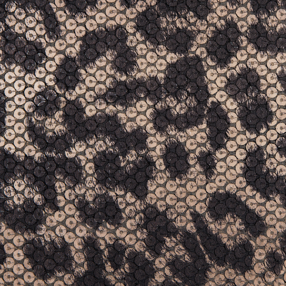 Knit Fabric with Snow Leopard Foil and Circle Sequins - Beige and Black on Black Detail Knit Fabric with Snow Leopard Foil and Circle Sequins - Beige and Black on Black Detail
