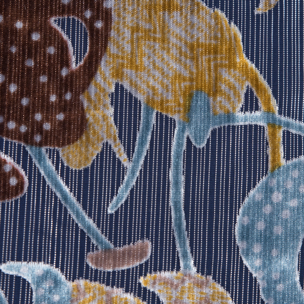 Floral Burnout Velvet with Metallic Silver Stripes - Blue, Yellow and Burgundy Full Floral Burnout Velvet with Metallic Silver Stripes - Blue, Yellow and Burgundy Full
