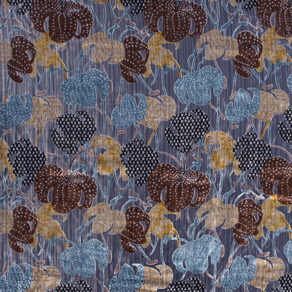 Floral Burnout Velvet with Metallic Silver Stripes - Blue, Yellow and Burgundy Floral Burnout Velvet with Metallic Silver Stripes - Blue, Yellow and Burgundy