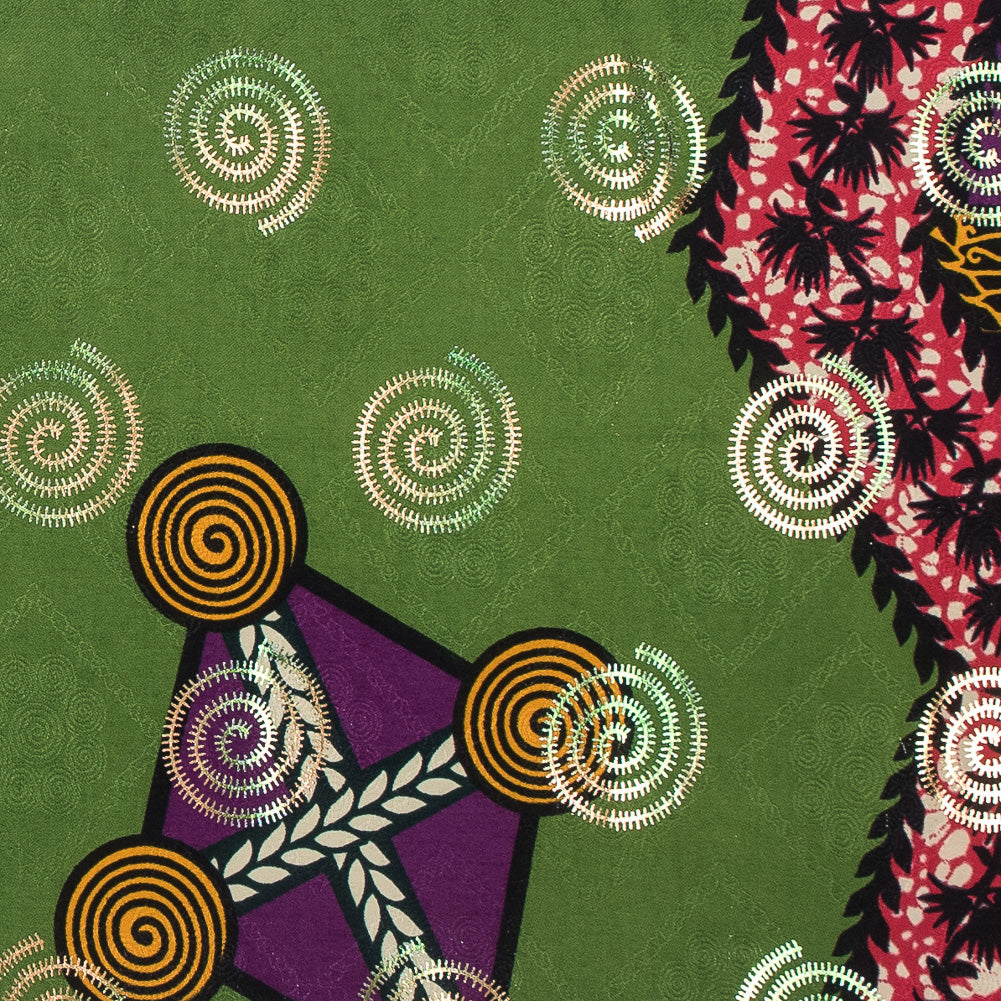 Purple and Green Waxed Cotton African Print with Inlaid Pattern and Metallic Ombre Spiral Foil Folded Purple and Green Waxed Cotton African Print with Inlaid Pattern and Metallic Ombre Spiral Foil Folded
