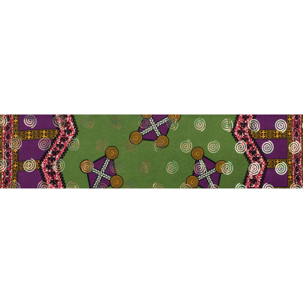 Purple and Green Waxed Cotton African Print with Inlaid Pattern and Metallic Ombre Spiral Foil Full Purple and Green Waxed Cotton African Print with Inlaid Pattern and Metallic Ombre Spiral Foil Full