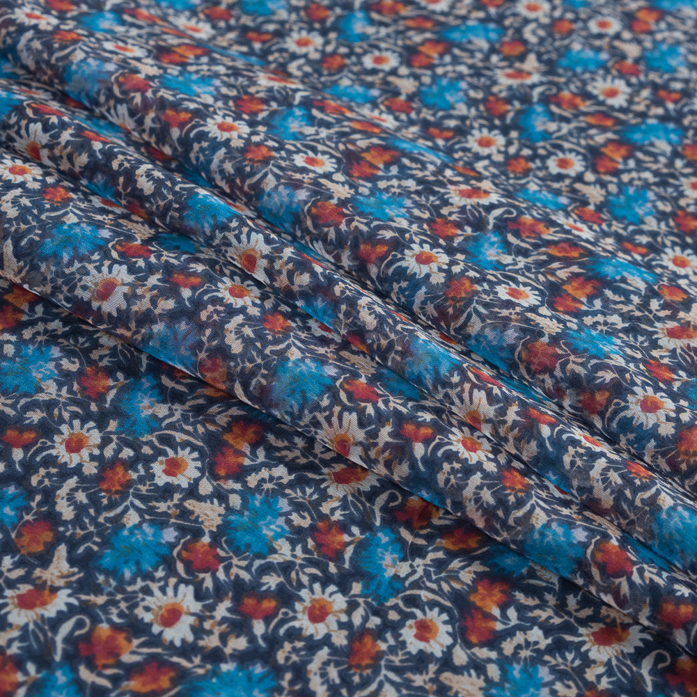 Blue and Orange Floral Printed Silk Chiffon Folded Blue and Orange Floral Printed Silk Chiffon Folded