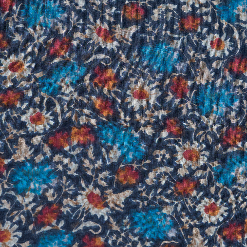 Blue and Orange Floral Printed Silk Chiffon Detail Blue and Orange Floral Printed Silk Chiffon Detail