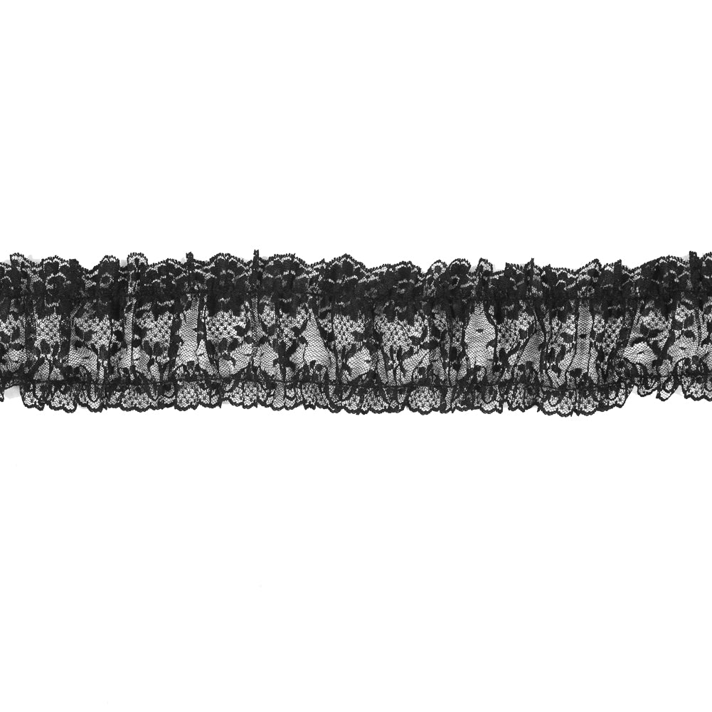 Black Ruched Floral Lace Trim - 3" Black Ruched Floral Lace Trim - 3"