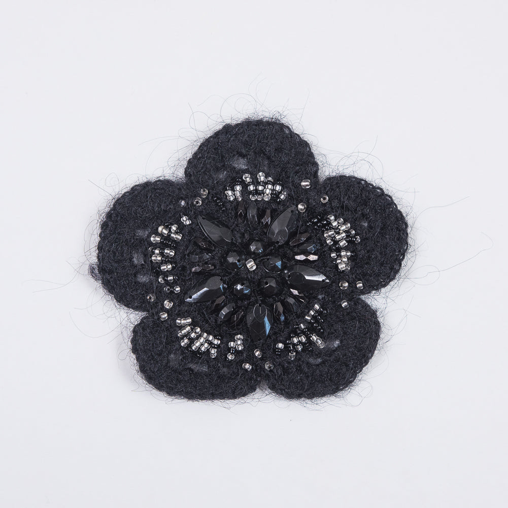 Black Knit Beaded Flower Brooch - 4" Black Knit Beaded Flower Brooch - 4"