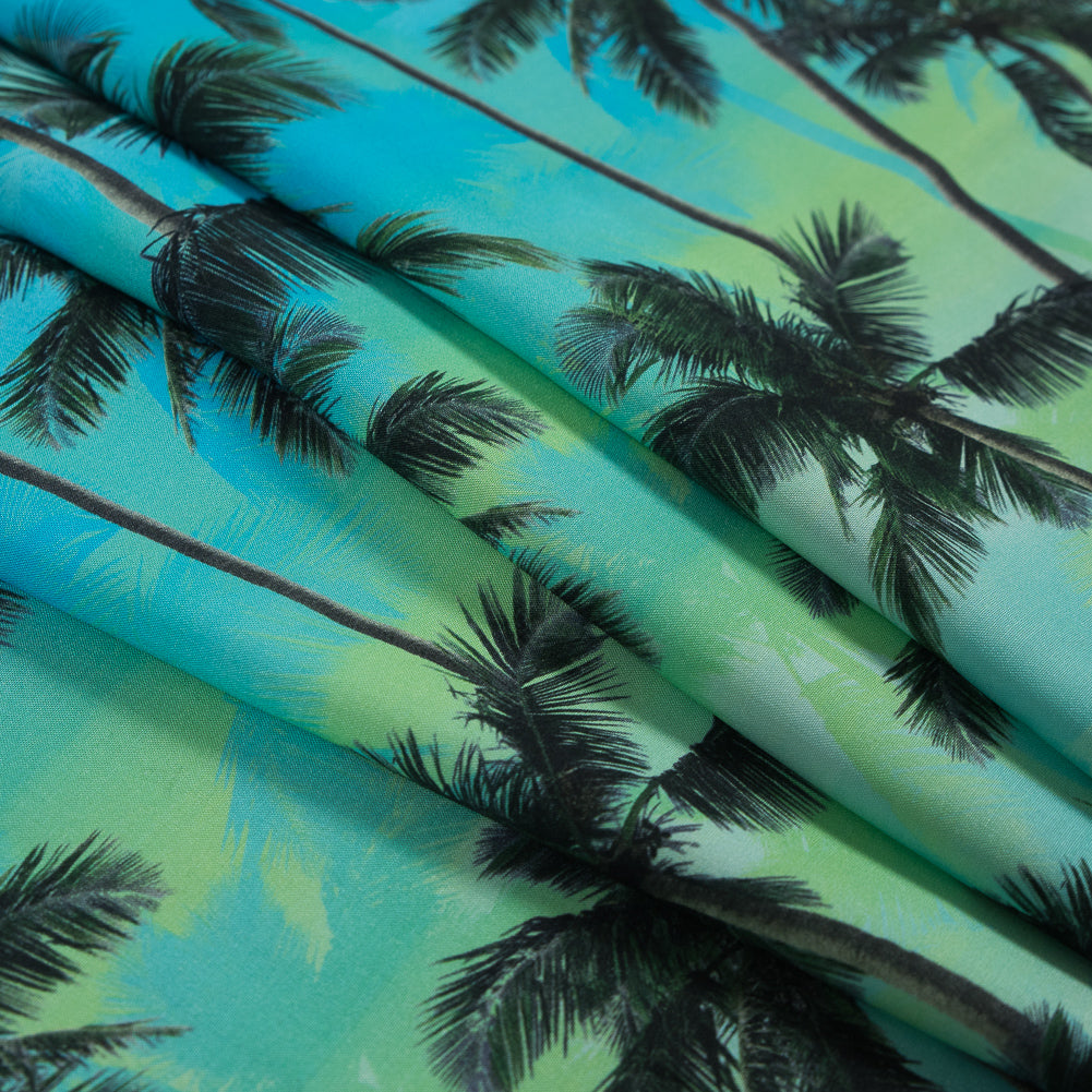Organic Viscose Batiste - Green and Blue Palm Trees Detail Organic Viscose Batiste - Green and Blue Palm Trees Detail