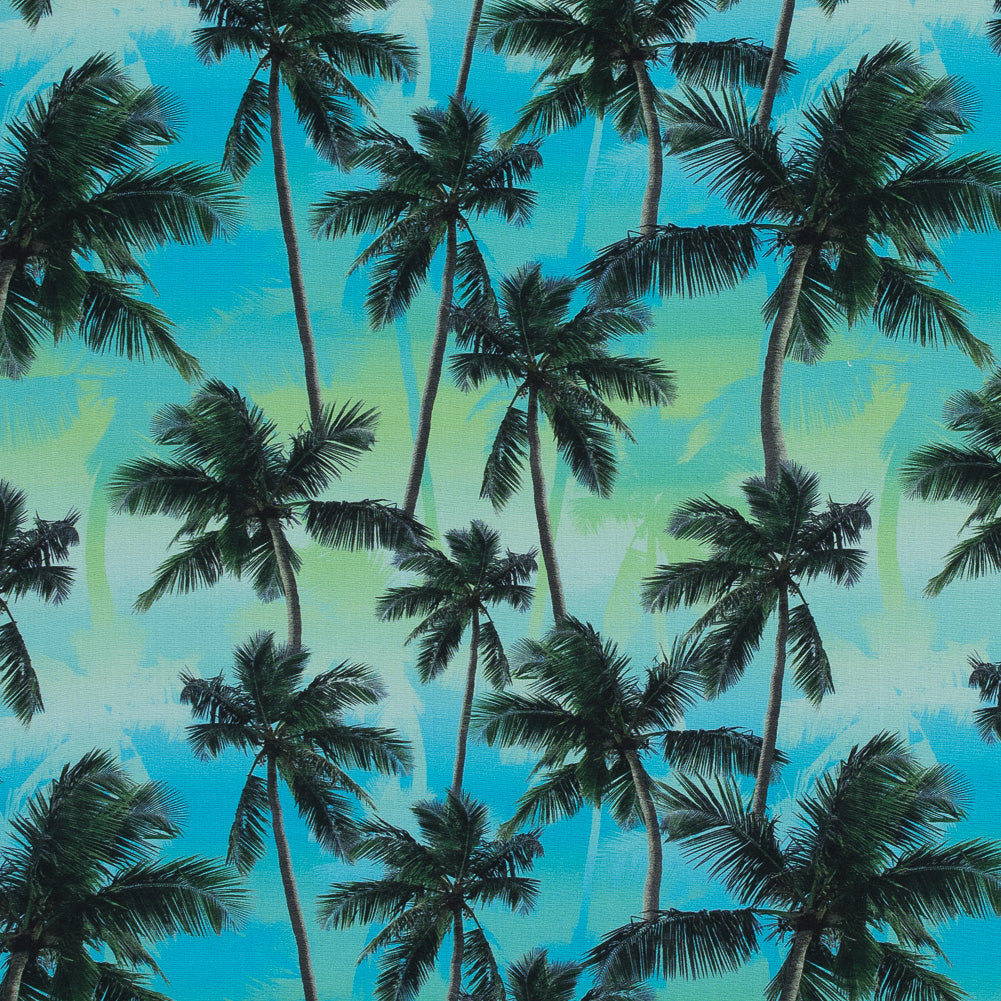 Organic Viscose Batiste - Green and Blue Palm Trees Organic Viscose Batiste - Green and Blue Palm Trees