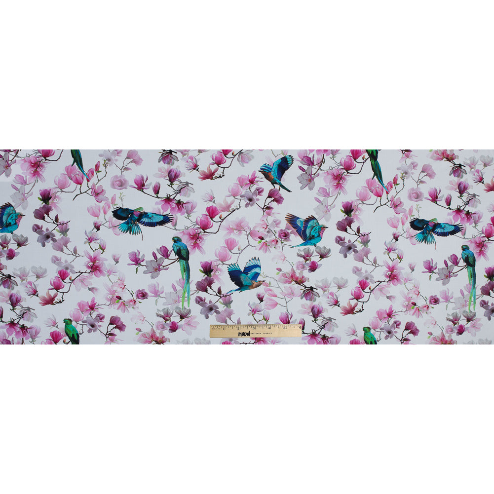 Organic Viscose Batiste - Pink and Blue Flowers and Birds Folded Organic Viscose Batiste - Pink and Blue Flowers and Birds Folded
