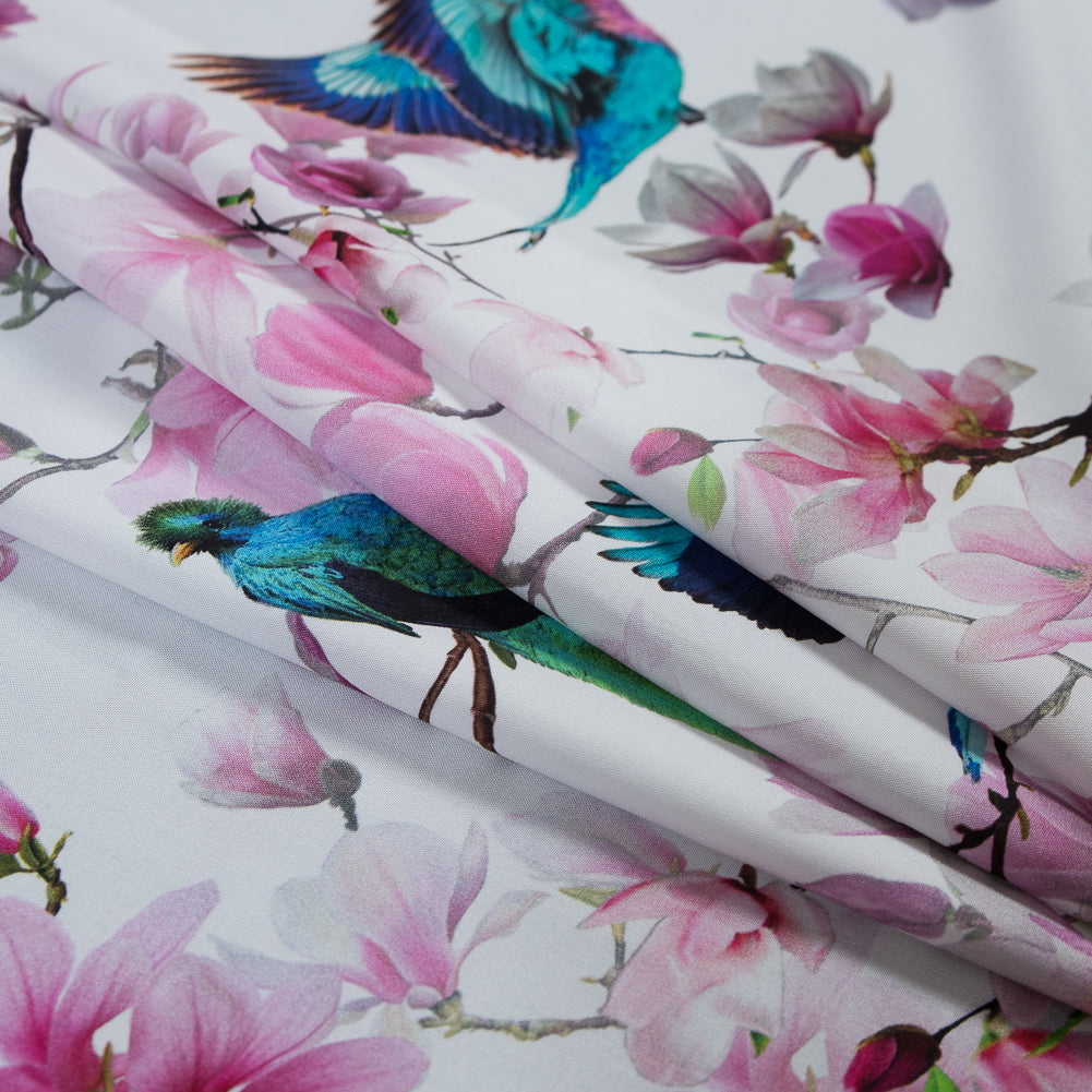 Organic Viscose Batiste - Pink and Blue Flowers and Birds Detail Organic Viscose Batiste - Pink and Blue Flowers and Birds Detail