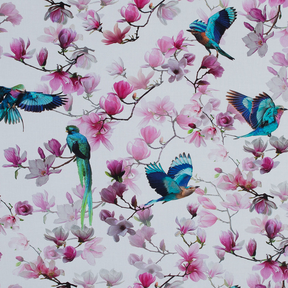 Organic Viscose Batiste - Pink and Blue Flowers and Birds Organic Viscose Batiste - Pink and Blue Flowers and Birds