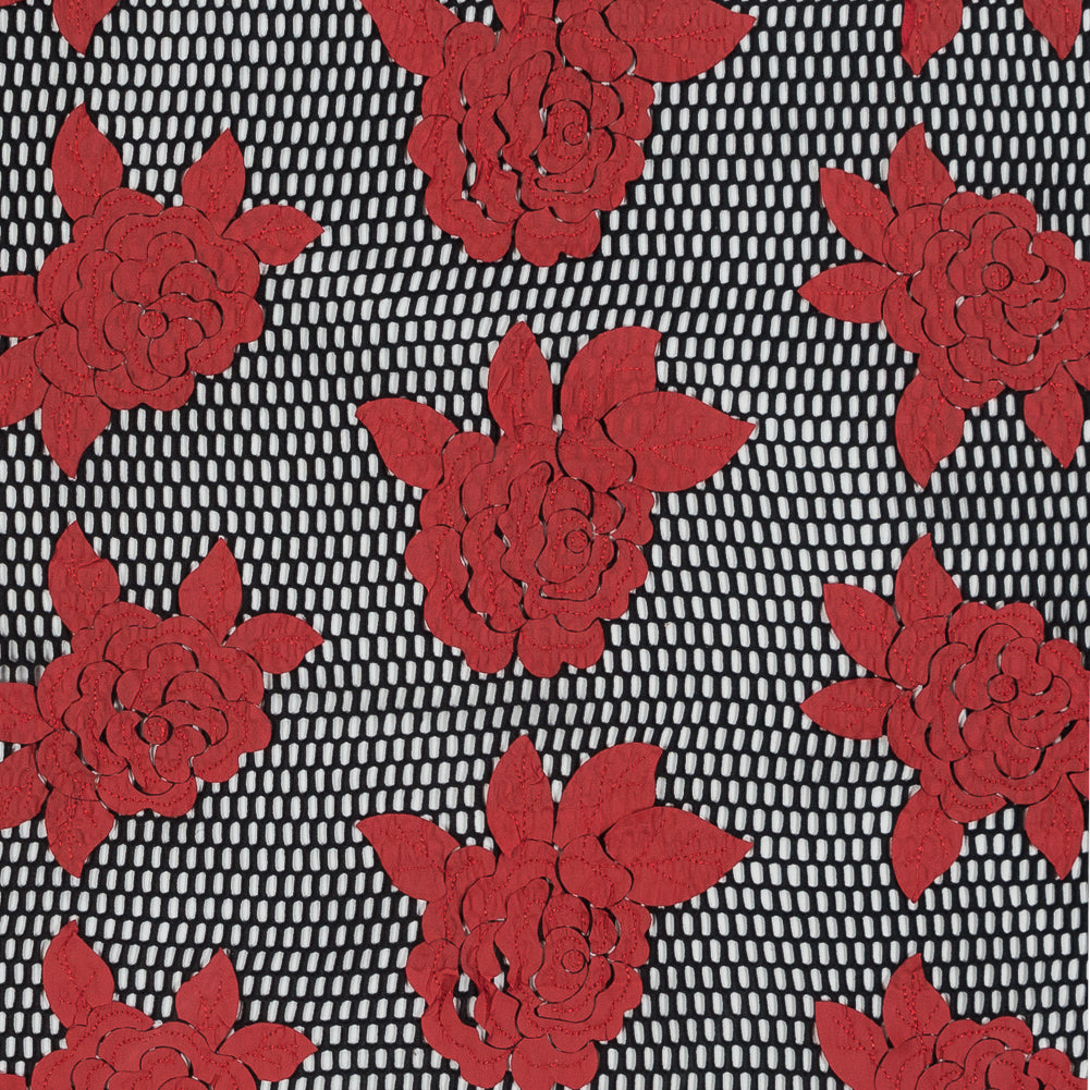 Wonder Mesh with Floral Embroidered Faux Leather - Black and Red Wonder Mesh with Floral Embroidered Faux Leather - Black and Red