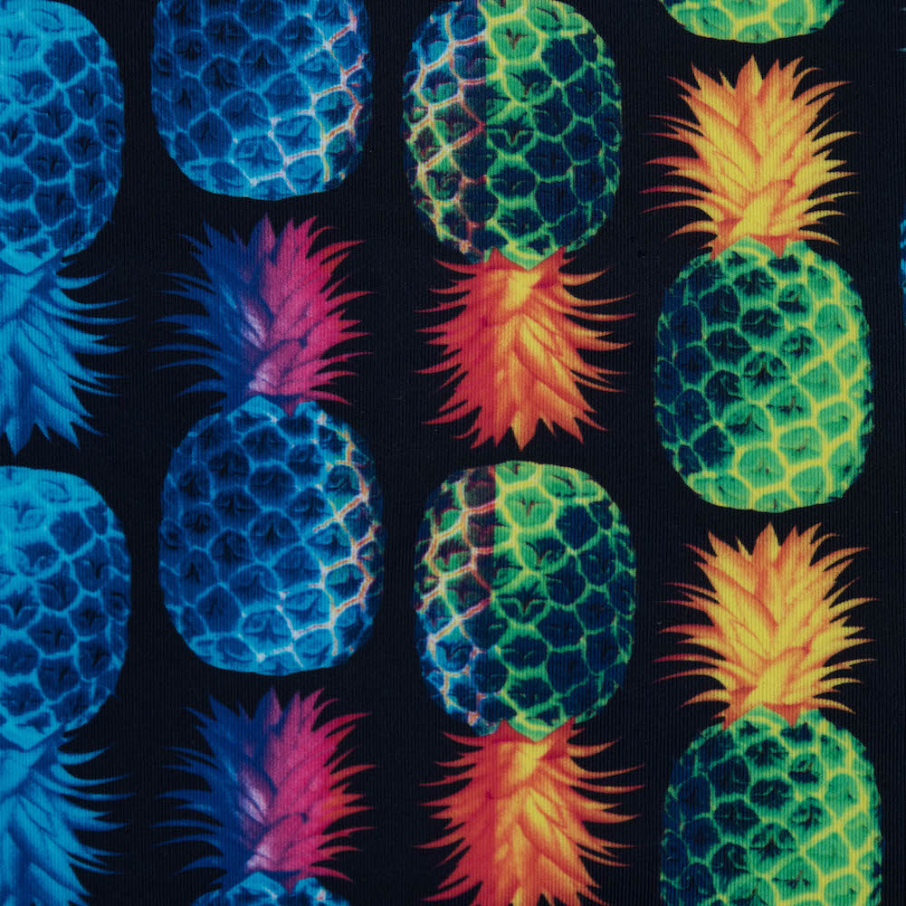 Compression Swimwear Tricot, UV Protective with Aloe Vera Microcapsules - Navy Pineapples - Caye Collection Detail Compression Swimwear Tricot, UV Protective with Aloe Vera Microcapsules - Navy Pineapples - Caye Collection Detail