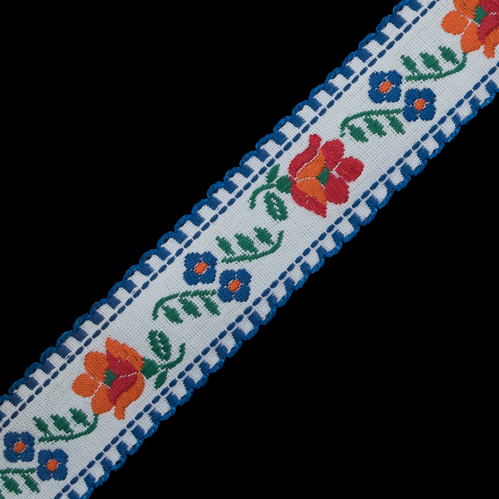 Blue and White Floral German Jacquard Ribbon - 1" Detail Blue and White Floral German Jacquard Ribbon - 1" Detail