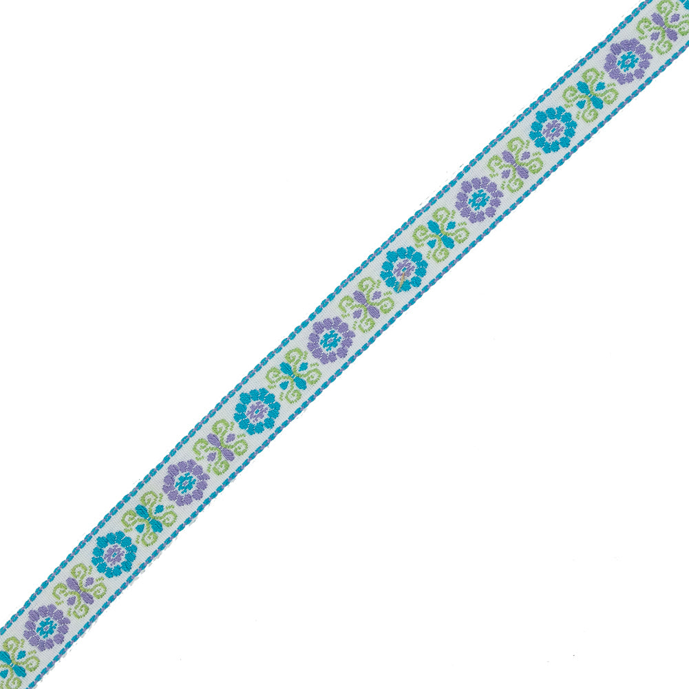 Green, Purple and Blue Floral German Jacquard Ribbon - 0.75" Green, Purple and Blue Floral German Jacquard Ribbon - 0.75"