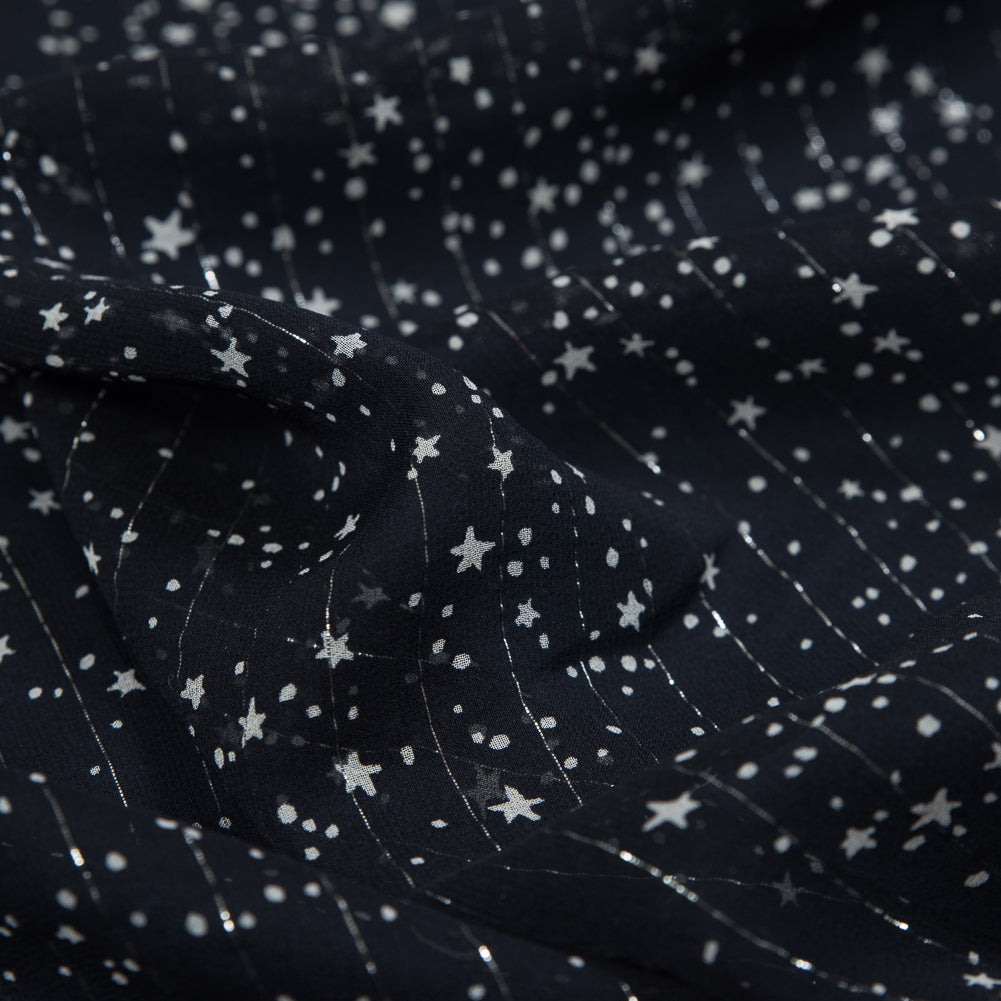 Black and White Star-Filled Silk Chiffon with Metallic Silver Stripes Full Black and White Star-Filled Silk Chiffon with Metallic Silver Stripes Full