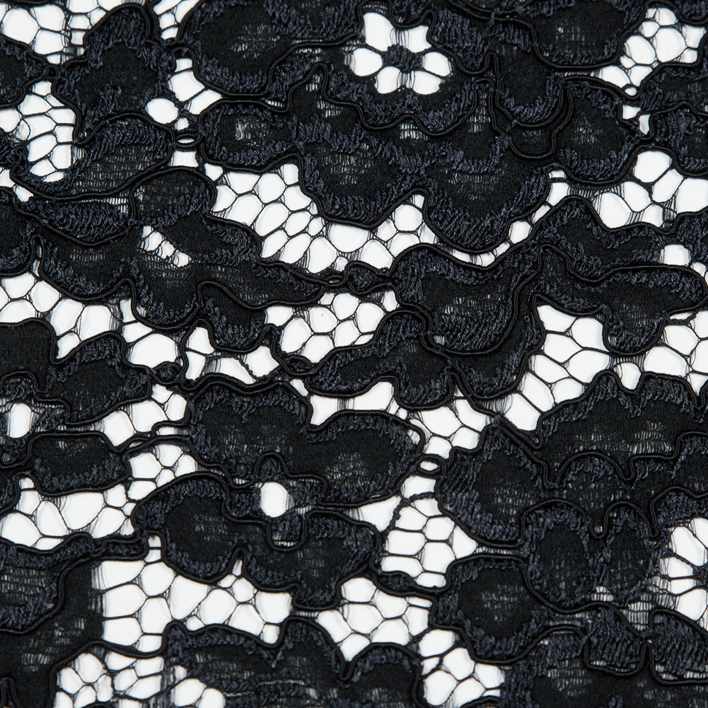 Famous NYC Designer Black Corded Floral Lace with Scalloped Edges Detail Famous NYC Designer Black Corded Floral Lace with Scalloped Edges Detail