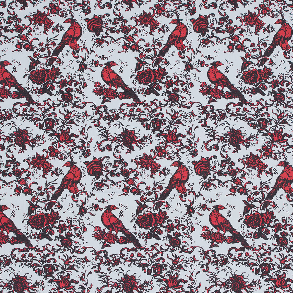 Red, White and Black Bird of Paradise Printed Stretch Cotton Shirting Red, White and Black Bird of Paradise Printed Stretch Cotton Shirting