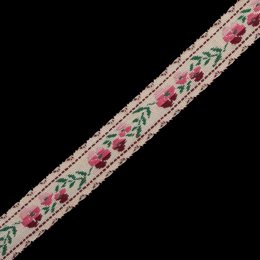 Pink, Burgundy and Beige Floral German Jacquard Ribbon - 0.5" Detail Pink, Burgundy and Beige Floral German Jacquard Ribbon - 0.5" Detail