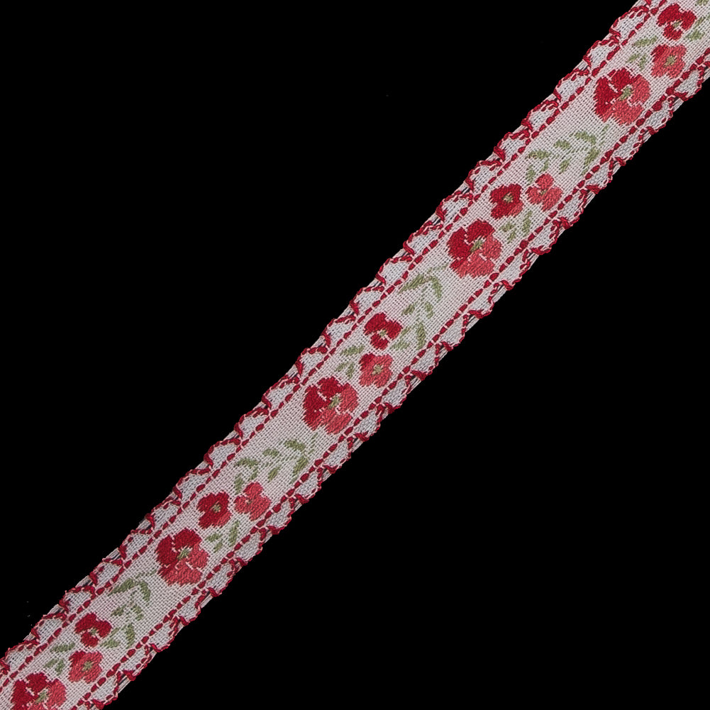 Red and Pale Gray Floral German Jacquard Ribbon - 0.5" Detail Red and Pale Gray Floral German Jacquard Ribbon - 0.5" Detail