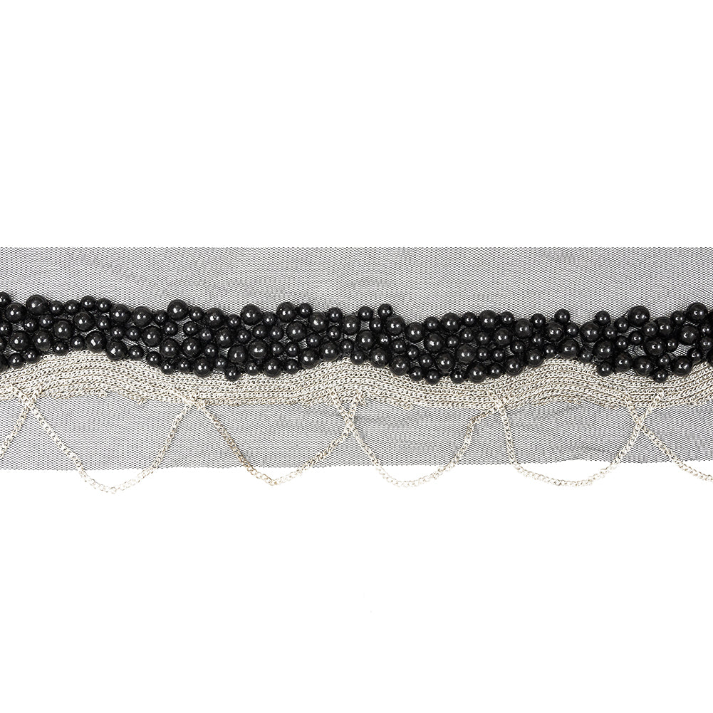 Italian Black Beaded Mesh Trimming with Silver Metal Chains - 3.5" Italian Black Beaded Mesh Trimming with Silver Metal Chains - 3.5"