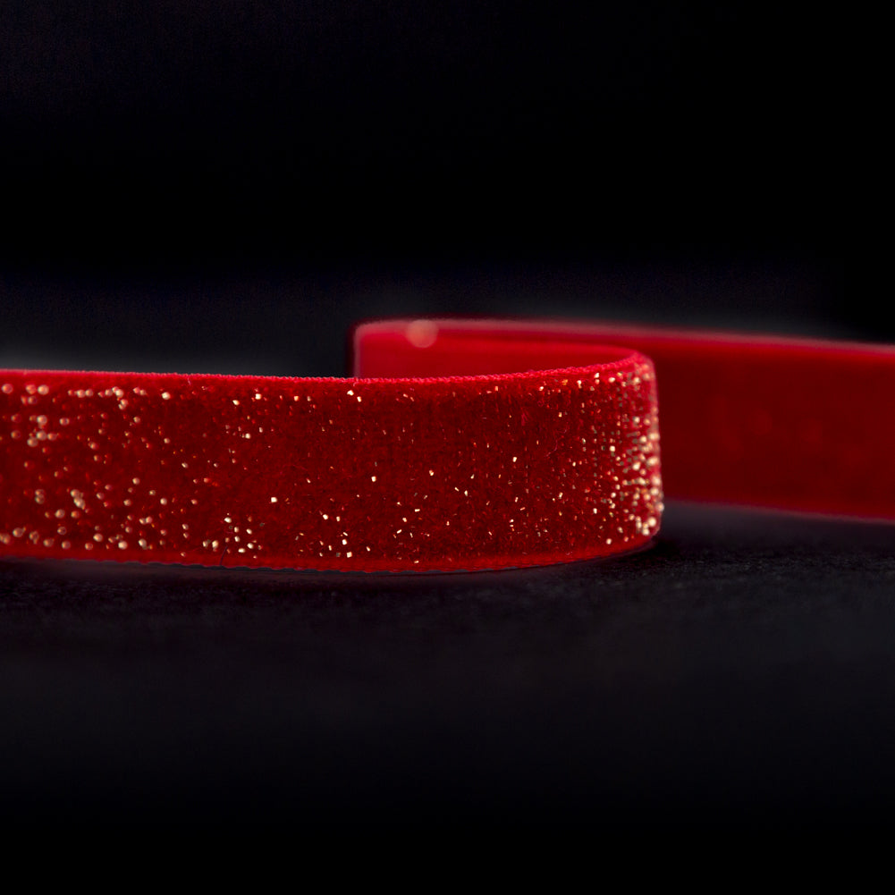 Italian Candy Apple Red and Gold Glitter Velvet Ribbon - 0.625" Detail Italian Candy Apple Red and Gold Glitter Velvet Ribbon - 0.625" Detail