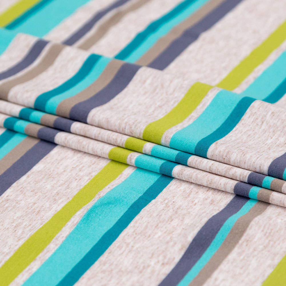 Turquoise, Lime and Taupe Barcode Striped Rayon Jersey Folded Turquoise, Lime and Taupe Barcode Striped Rayon Jersey Folded