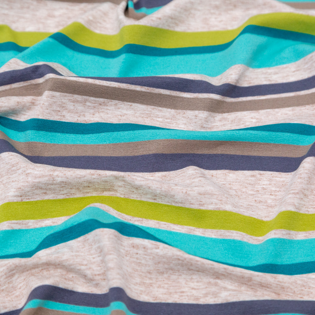 Turquoise, Lime and Taupe Barcode Striped Rayon Jersey Detail Turquoise, Lime and Taupe Barcode Striped Rayon Jersey Detail