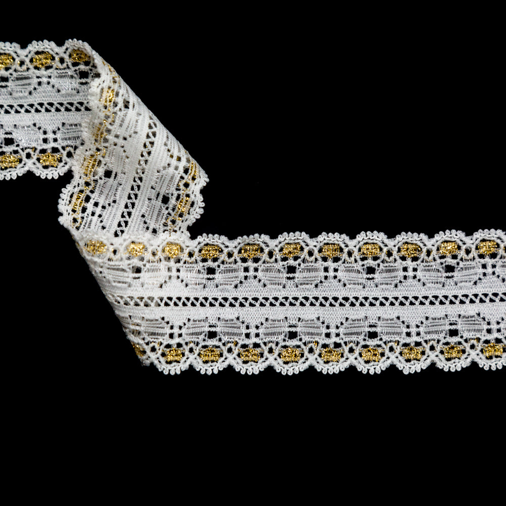 European White and Metallic Gold Stretch Lace Trim with Double Scalloped Edges - 1.125" Detail European White and Metallic Gold Stretch Lace Trim with Double Scalloped Edges - 1.125" Detail