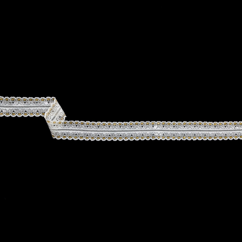 European White and Metallic Gold Stretch Lace Trim with Double Scalloped Edges - 1.125" European White and Metallic Gold Stretch Lace Trim with Double Scalloped Edges - 1.125"