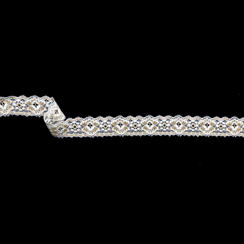 European White and Metallic Gold Stretch Lace Trim with Double Scalloped Edges - 1.25" European White and Metallic Gold Stretch Lace Trim with Double Scalloped Edges - 1.25"