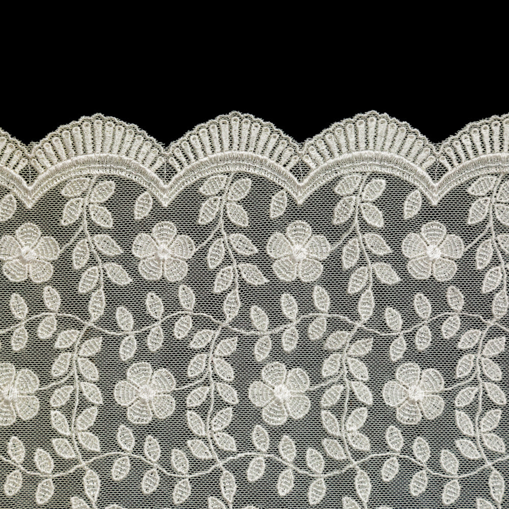 European Ivory Floral Embroidered Stretch Scalloped Lace Trim - 8" Detail European Ivory Floral Embroidered Stretch Scalloped Lace Trim - 8" Detail