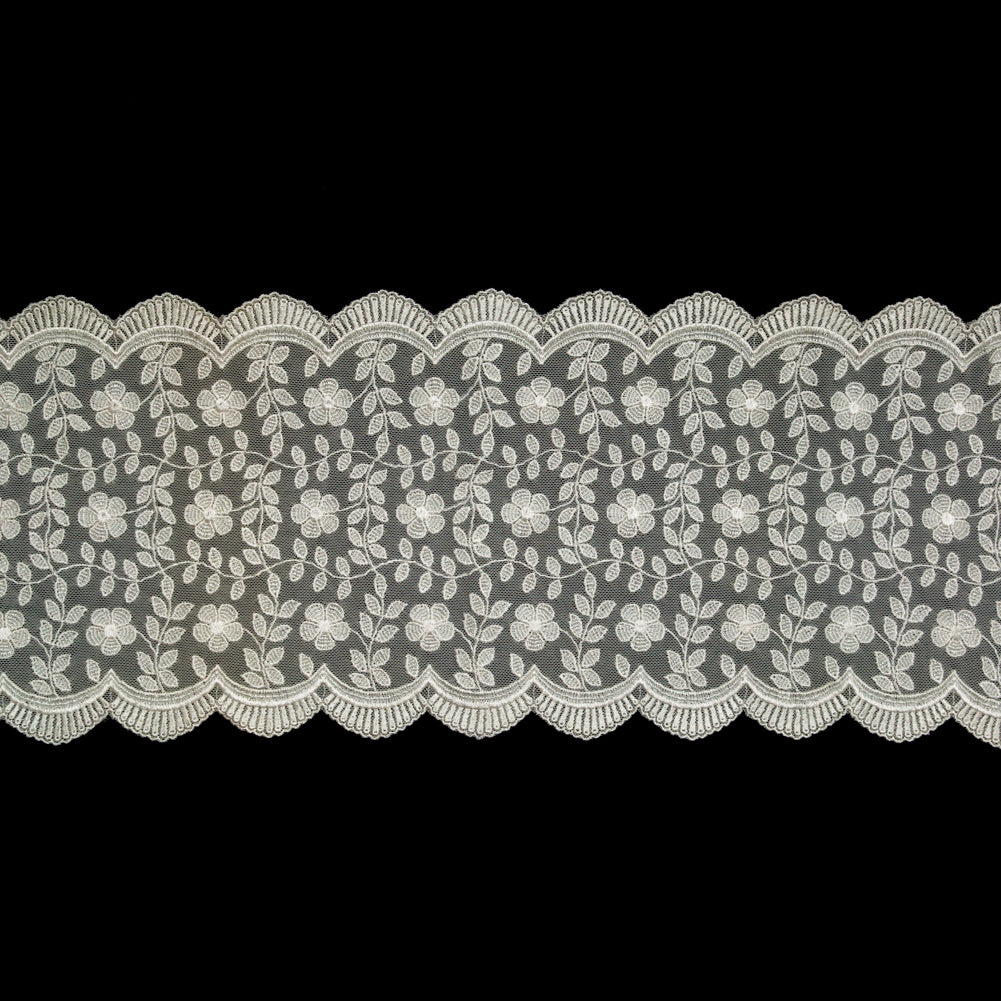 European Ivory Floral Embroidered Stretch Scalloped Lace Trim - 8" European Ivory Floral Embroidered Stretch Scalloped Lace Trim - 8"
