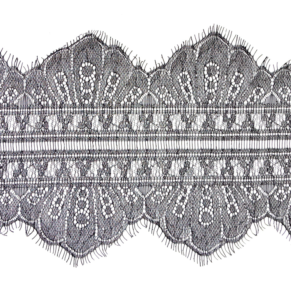 European Black and Metallic Silver Chantilly Eyelash Lace Trim - 7.25" Detail European Black and Metallic Silver Chantilly Eyelash Lace Trim - 7.25" Detail