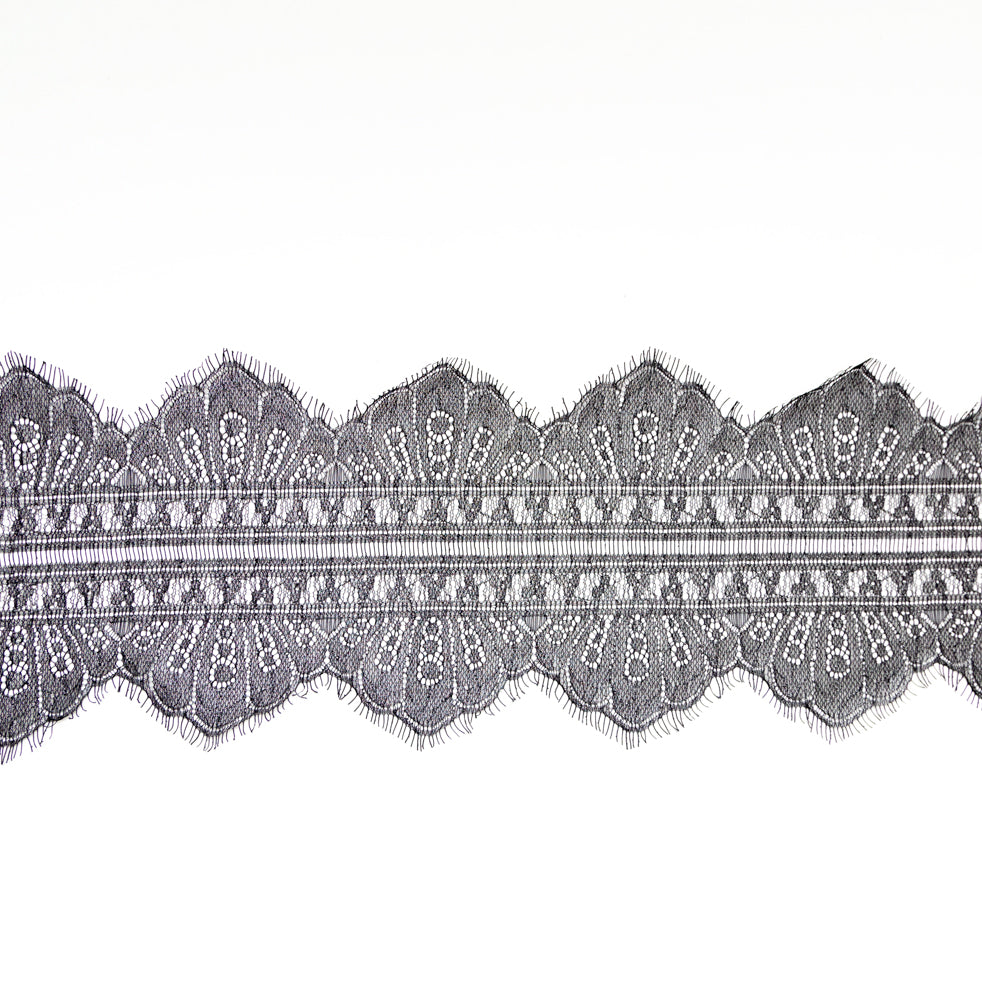 European Black and Metallic Silver Chantilly Eyelash Lace Trim - 7.25" European Black and Metallic Silver Chantilly Eyelash Lace Trim - 7.25"