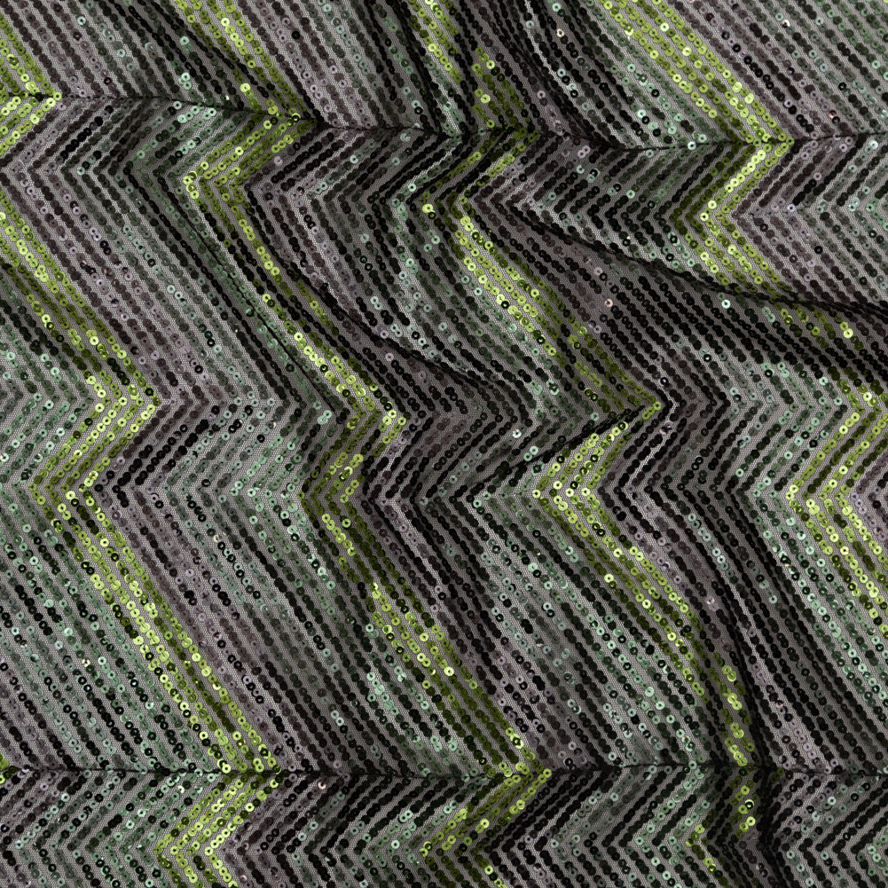 Tulle with Baby Sequins - Gradient Green Zig Zag on Black Tulle with Baby Sequins - Gradient Green Zig Zag on Black