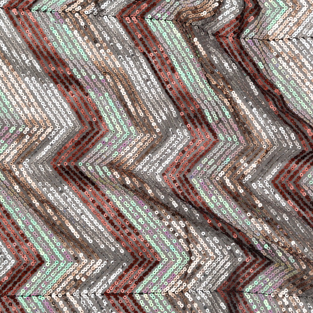 Tulle with Baby Sequins - Iridescent Pink, Rust, Rose Gold and Silver Zig Zag on Black Tulle with Baby Sequins - Iridescent Pink, Rust, Rose Gold and Silver Zig Zag on Black