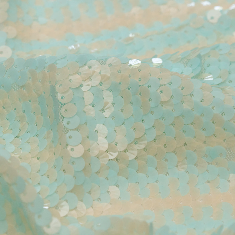 Mesh with Shell Sequins - Opal Blue and Almond Milk Stripes on White Detail Mesh with Shell Sequins - Opal Blue and Almond Milk Stripes on White Detail