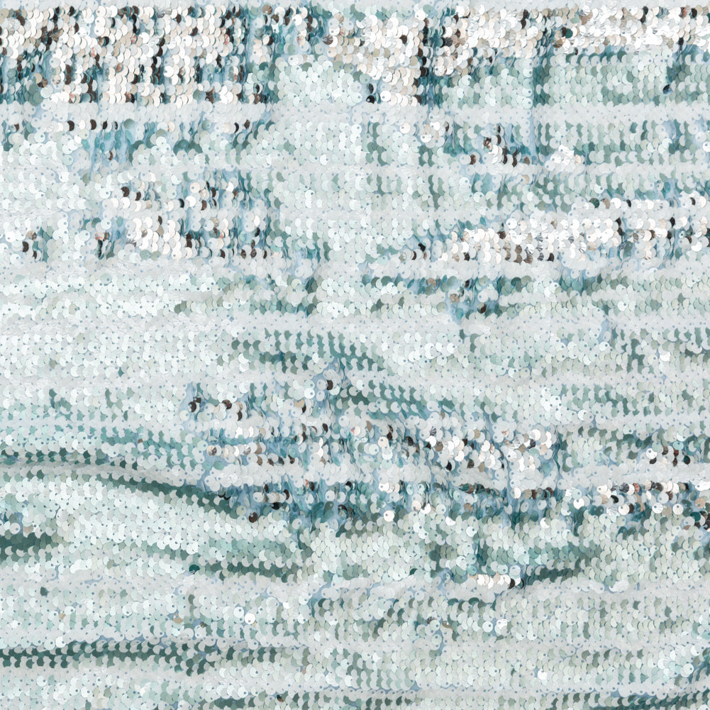 Mesh with Shell Sequins - Cerulean and White Stripes on Sky Blue Mesh with Shell Sequins - Cerulean and White Stripes on Sky Blue