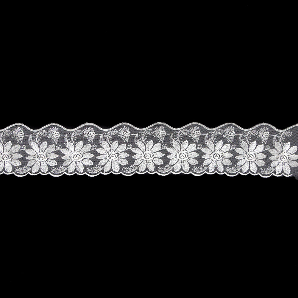 European White Floral Scalloped Embroidery Lace on Mesh - 3.375" European White Floral Scalloped Embroidery Lace on Mesh - 3.375"