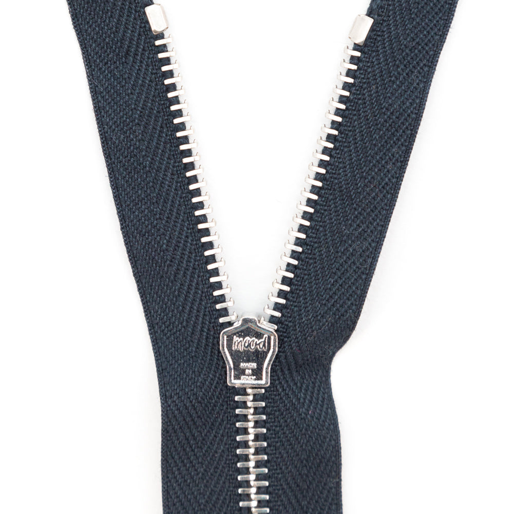 Mood Exclusive Italian Navy and Silver T3 Closed End Metal Zipper - 9" Detail Mood Exclusive Italian Navy and Silver T3 Closed End Metal Zipper - 9" Detail