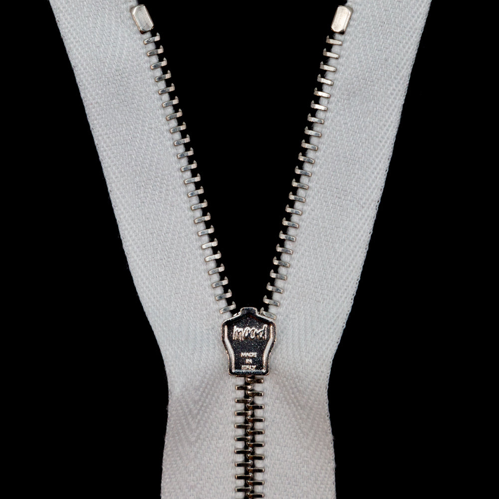 Mood Exclusive Italian Off-White and Silver T3 Closed End Metal Zipper - 9" Detail Mood Exclusive Italian Off-White and Silver T3 Closed End Metal Zipper - 9" Detail