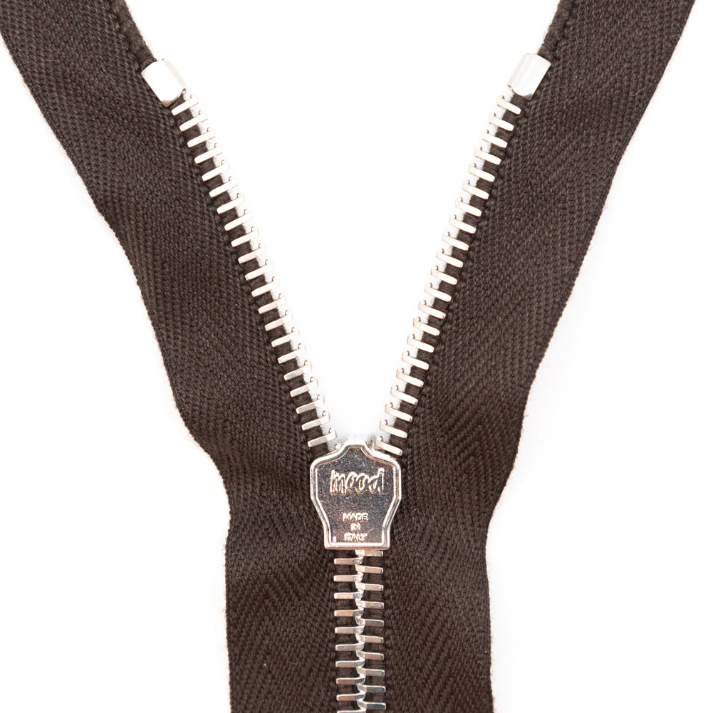 Mood Exclusive Italian Brown and Silver T5 Closed End Metal Zipper - 9" Detail Mood Exclusive Italian Brown and Silver T5 Closed End Metal Zipper - 9" Detail