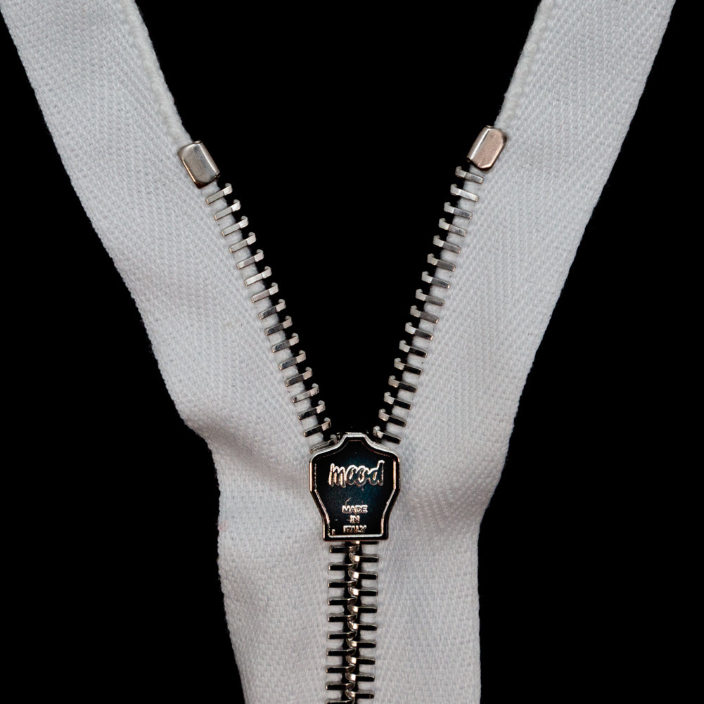 Mood Exclusive Italian Off-White and Silver T5 Open End Metal Zipper - 27.5" Detail Mood Exclusive Italian Off-White and Silver T5 Open End Metal Zipper - 27.5" Detail