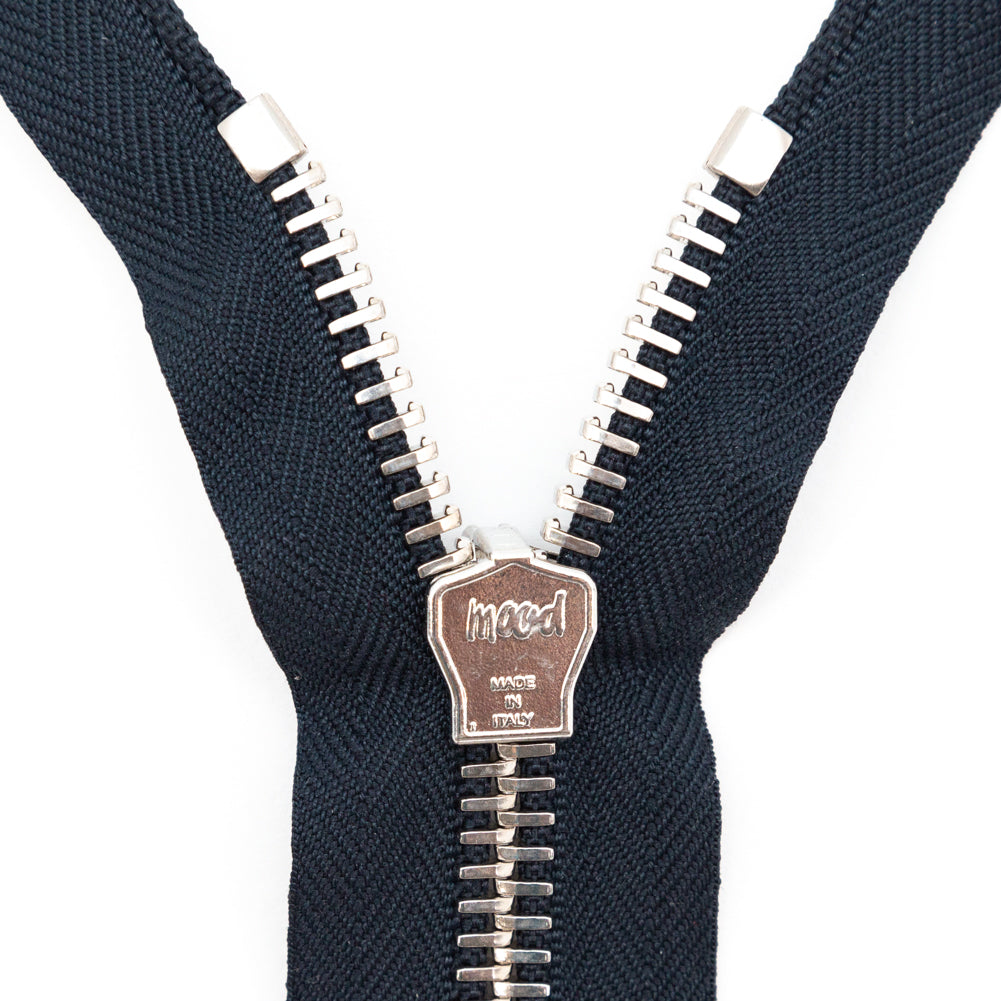 Mood Exclusive Italian Navy and Silver T8 Closed End Metal Zipper - 9" Detail Mood Exclusive Italian Navy and Silver T8 Closed End Metal Zipper - 9" Detail
